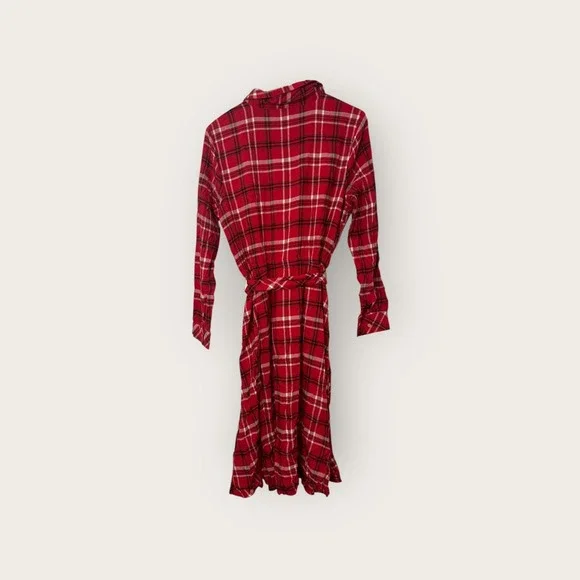 Talbots Women's Red Plaid Flannel Shirt Dress Size 12 Long Sleeve Tie Waist NWT - Picture 4 of 5